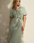 BY ROSA KINDRED MOSS STRIPE PUFF SLEEVE MIDI SHIRT DRESS