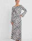 STORIES BE TOLD LUMINOIS IRREGULAR STRIPE FLUTED BIAS MAXI DRESS