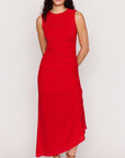 MINK PINK RUCHED ROSA STRETCH MIDI DRESS