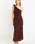GEORGIA ZOE MIRROR LINEN BLEND ONE SHOULDER BOW MIDI DRESS