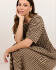 RE:UNION NEST GINGHAM SHORT SLEEVE SHIRRED BODICE MIDI DRESS