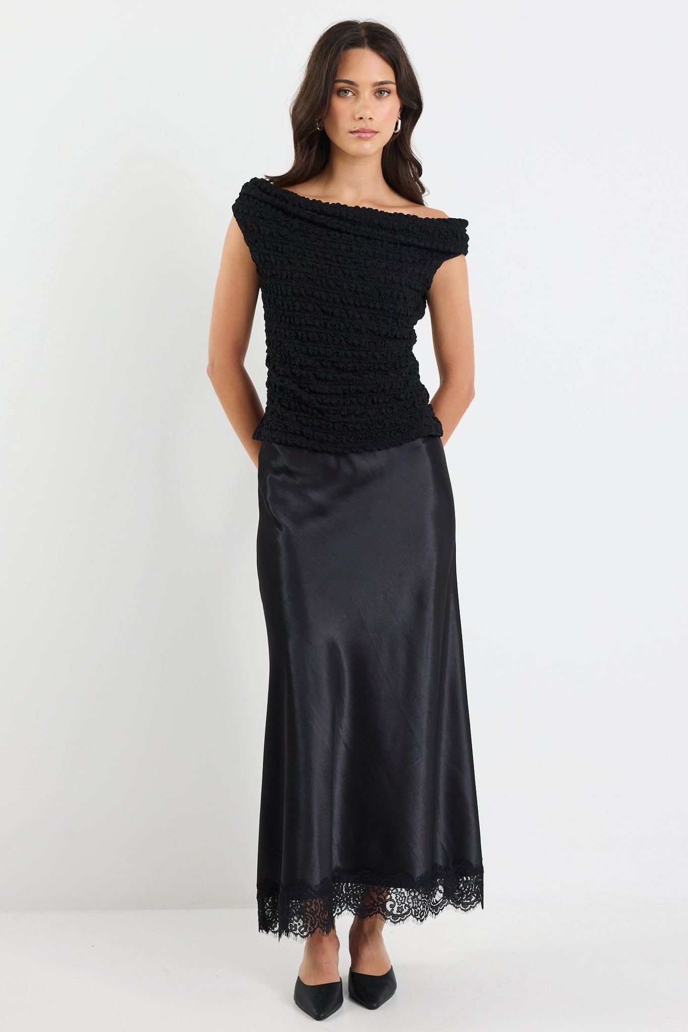 スカート zoe grace shirring maxi skirts GEORGIA ZOE MARGARITA SATIN LACE TRIM BIAS MAXI SKIRT – Boutique