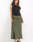 IVY + JACK ROSETTE SATIN BIAS MIDI SKIRT