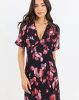 GEORGIA ZOE NOBLE ABSTRACT PRINT V NECK PUFF SLEEVE MIDI DRESS