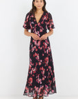 GEORGIA ZOE NOBLE ABSTRACT PRINT V NECK PUFF SLEEVE MIDI DRESS