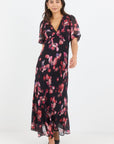 GEORGIA ZOE NOBLE ABSTRACT PRINT V NECK PUFF SLEEVE MIDI DRESS