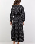IVY + JACK NUANCE MINI POLKA DOT LONGSLEEVE V NECK SHIRRED WAIST MIDI