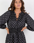 IVY + JACK NUANCE MINI POLKA DOT LONGSLEEVE V NECK SHIRRED WAIST MIDI
