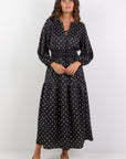 IVY + JACK NUANCE MINI POLKA DOT LONGSLEEVE V NECK SHIRRED WAIST MIDI