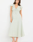 AMONG THE BRAVE OVATION SAGE GINGHAM FLUTTER SS KEYHOLE TIE MIDI DRESS