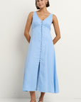AMONG THE BRAVE PANAMA LINEN SLEEVELESS SBUTTON FRONT MIDI DRESS