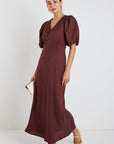 STORIES BE TOLD PREVIEW PUFF SLEEVE V NECK BIAS MIDI DRESS