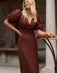 STORIES BE TOLD PREVIEW PUFF SLEEVE V NECK BIAS MIDI DRESS