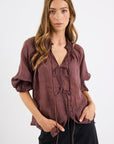 AMONG THE BRAVE PROSPECT TIE FRONT MID SLEEVE TOP