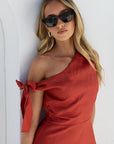 AMONG THE BRAVE REFLECT LINEN ONE SHOULDER BOW MINI DRESS