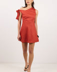 AMONG THE BRAVE REFLECT LINEN ONE SHOULDER BOW MINI DRESS