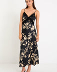 STORIES BE TOLD REGION FLORAL SATIN LACE TRIM MAXI DRESS
