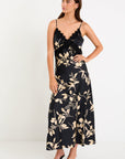 STORIES BE TOLD REGION FLORAL SATIN LACE TRIM MAXI DRESS