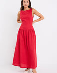 STORIES BE TOLD RESULTS RED LINEN BLEND STRUCTURED SLEEVELESS MAXI DRESS