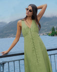 AMONG THE BRAVE PANAMA MOSS SLEEVELESS BUTTON FRONT MIDI DRESS