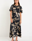 STORIES BE TOLD STAGE BEIGE FLORAL SATIN PUIFF SLEEVE SATIN FLOATY MAXI DRESS
