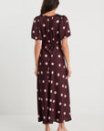 STORIES BE TOLD STAGE POLKA DOTT PUFF SLEEVE SATIN FLOATY MAXI DRESS