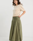 RE:UNION BYRON OLIVE LINEN SHIRRED WAIST MAXI SKIRT