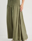 RE:UNION BYRON OLIVE LINEN SHIRRED WAIST MAXI SKIRT