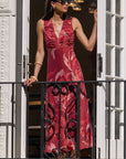 IVY + JACK TUCK PEONY SLEEVELESS PLEAT FRONT MAXI DRESS