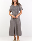WREN MINI GINGHAM COTTON SHORT SLEEVE SHIRRED BODICE MIDI DRESS