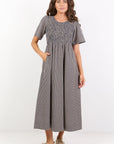 WREN MINI GINGHAM COTTON SHORT SLEEVE SHIRRED BODICE MIDI DRESS