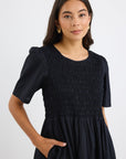 RE:UNION WREN LINEN BLEND SS SHIRRED BODICE MIDI DRESS