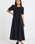 RE:UNION WREN LINEN BLEND SS SHIRRED BODICE MIDI DRESS