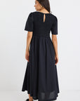 RE:UNION WREN LINEN BLEND SS SHIRRED BODICE MIDI DRESS