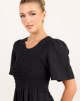 RE:UNION WREN LINEN BLEND SS SHIRRED BODICE MIDI DRESS