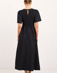 RE:UNION WREN LINEN BLEND SS SHIRRED BODICE MIDI DRESS