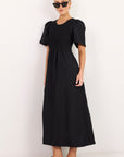 RE:UNION WREN LINEN BLEND SS SHIRRED BODICE MIDI DRESS