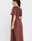 RE:UNION WREN LINEN BLEND SS SHIRRED BODICE MIDI DRESS