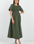 RE:UNION WREN GINGHAM SHIRRED BODICE MIDI DRESS