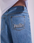 HUFFER BLOCK DENIM EMB PANT- BLUE WASH