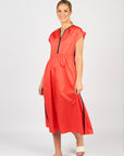VASSALLI V NECK SHIRRED WAIST DRESS WITH CONTRAST TRIM