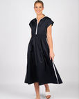 VASSALLI V NECK SHIRRED WAIST DRESS WITH CONTRAST TRIM