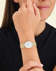 ROSEFIELD OVAL WHITE PEARL FACE GOLD BRACELET WATCH