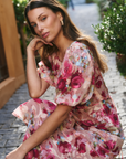 GEORGIA MAE EXQUISTITE PAINTED ROSE PUFF SLEEVE MIDI DRESS