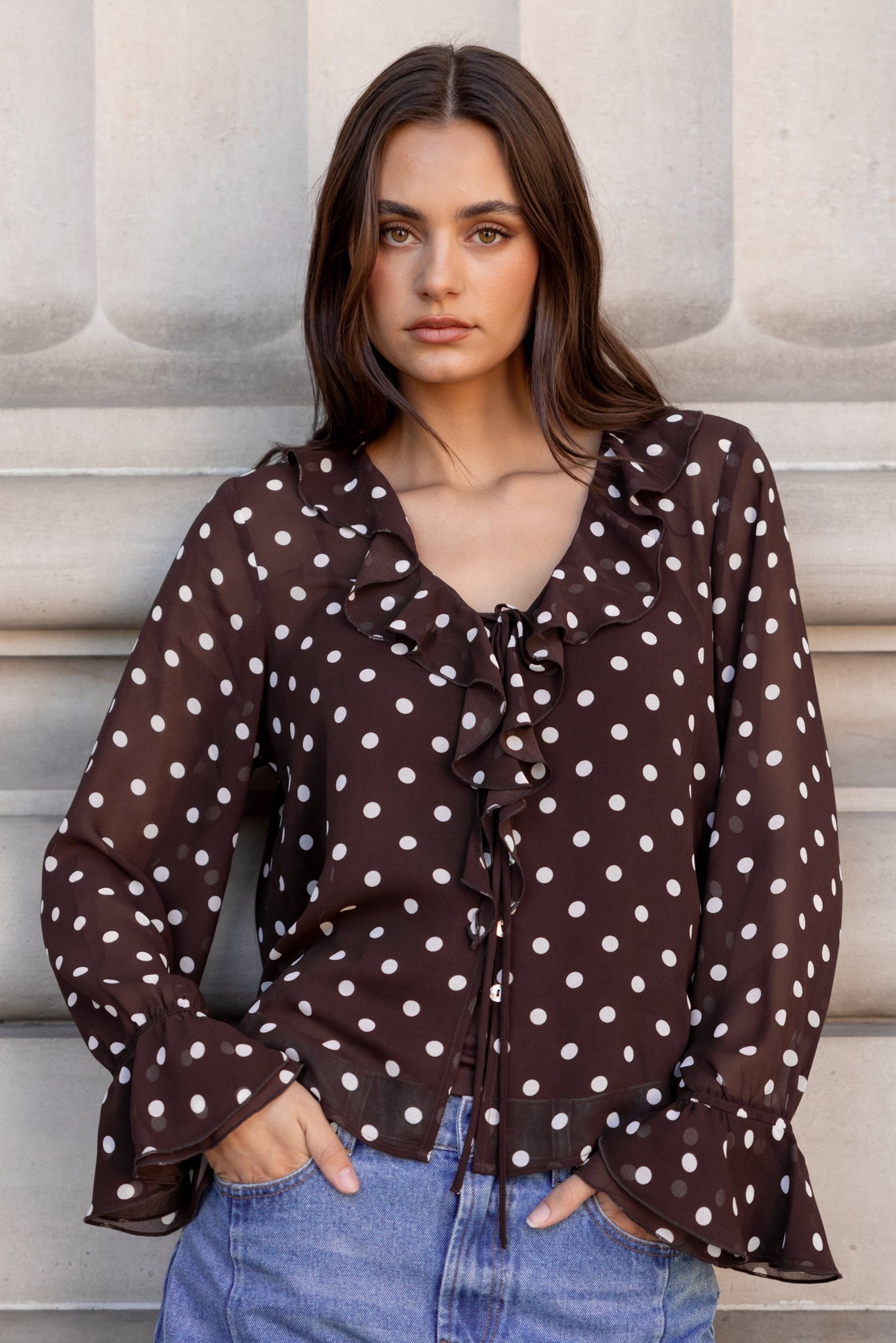 AMONG THE BRAVE BOHEMIAN POLKA DOT SHEER FRILL FRONT BLOUSE