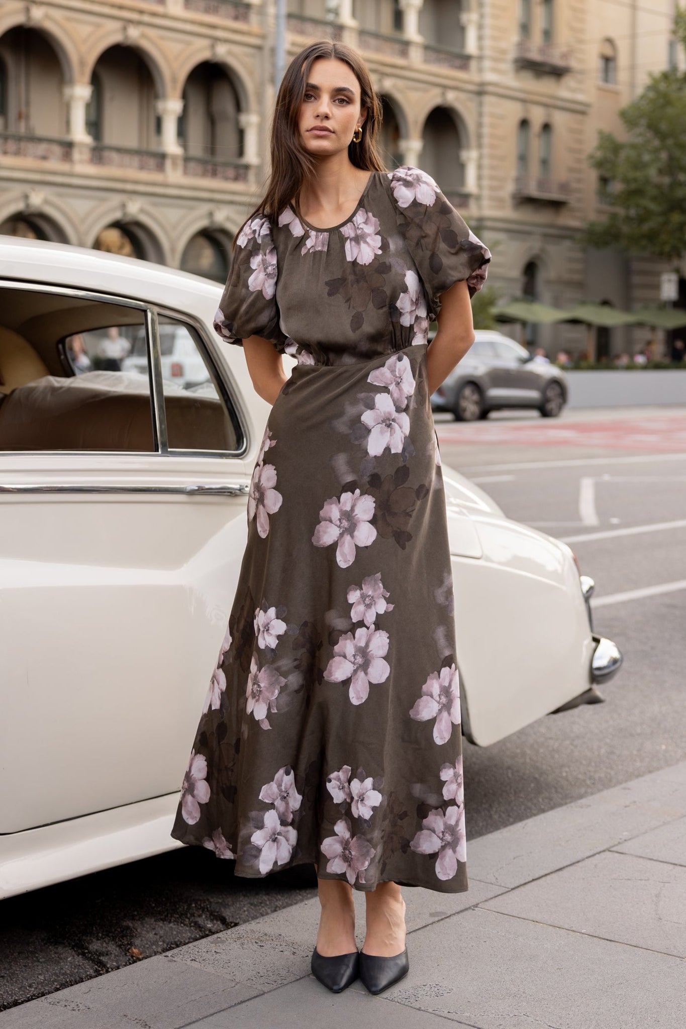 STORIES BE TOLD STAGE BLOSSOM SATIN PUFF SLEEVE FLOATY MAXI DRESS