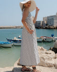 RE:UNION BRYAR STRIPE COTTON SLEEVELESS SHIRRED BODICE MIDI DRESS
