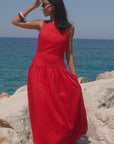 STORIES BE TOLD RESULTS RED LINEN BLEND STRUCTURED SLEEVELESS MAXI DRESS