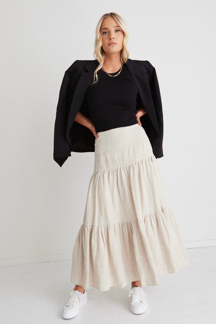 AMONG THE BRAVE BLAZING TIERED LINEN MIDI SKIRT