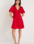 AMONG THE BRAVE ADELAIDE CHERRY LINEN PUFF SLEEVE PANELLED MINI DRESS
